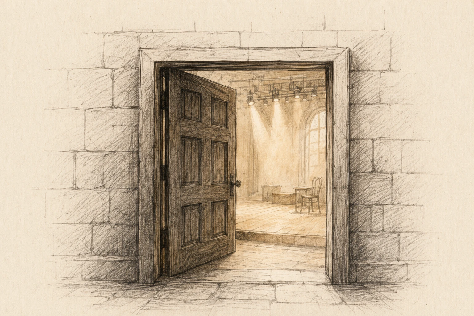 A hand-drawn open theatre door.