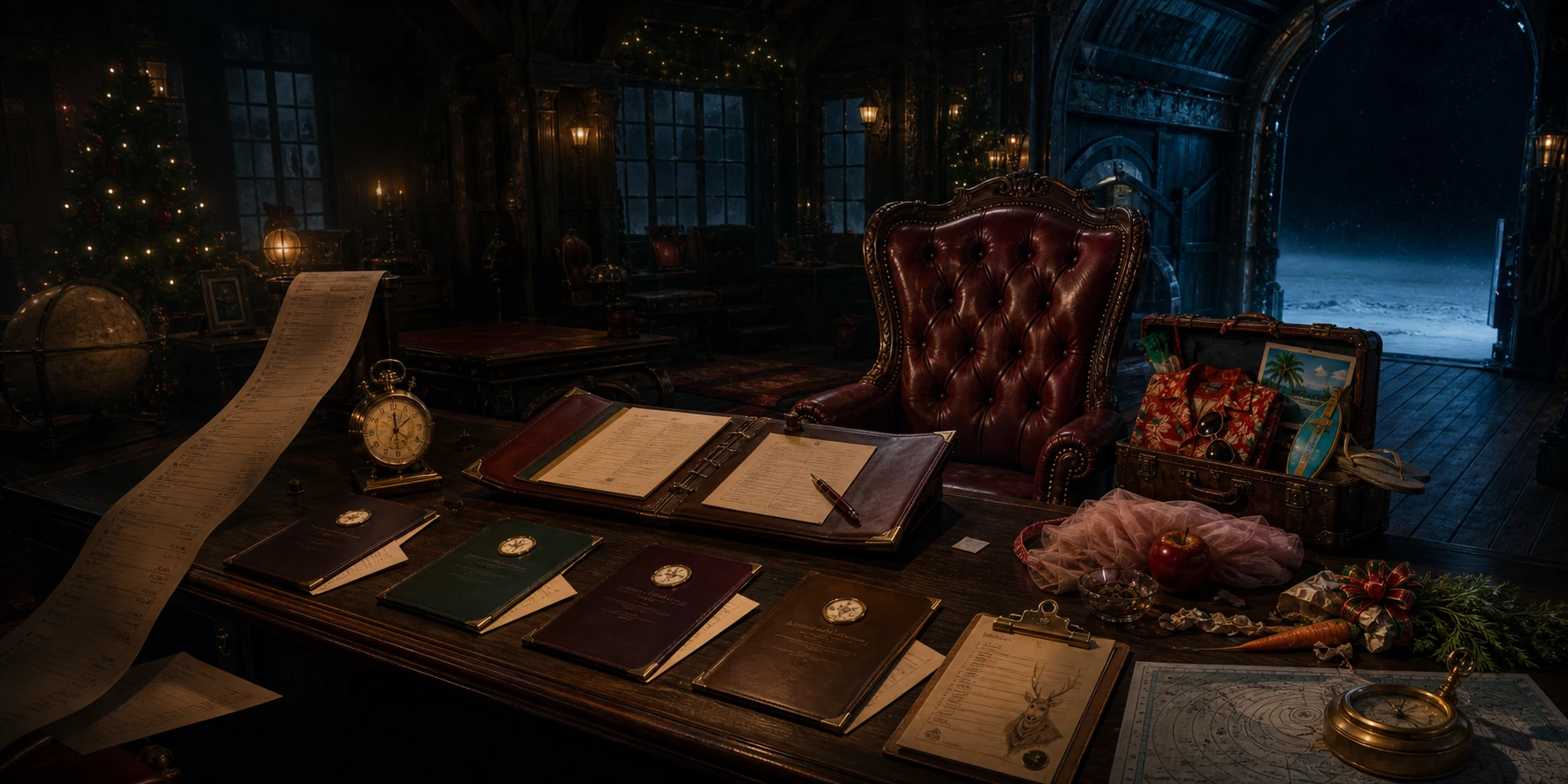A North Pole office filled with holiday mystery evidence.