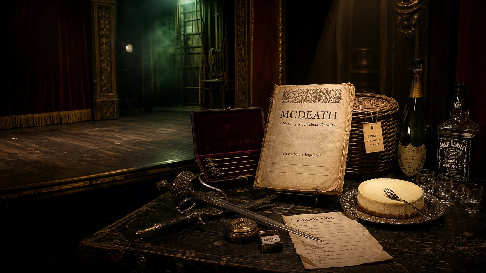 A theatrical banquet table arranged as evidence for McDeath.