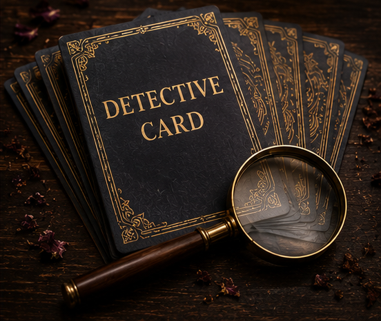 Dark blue detective cards with gold trim and a magnifying glass.