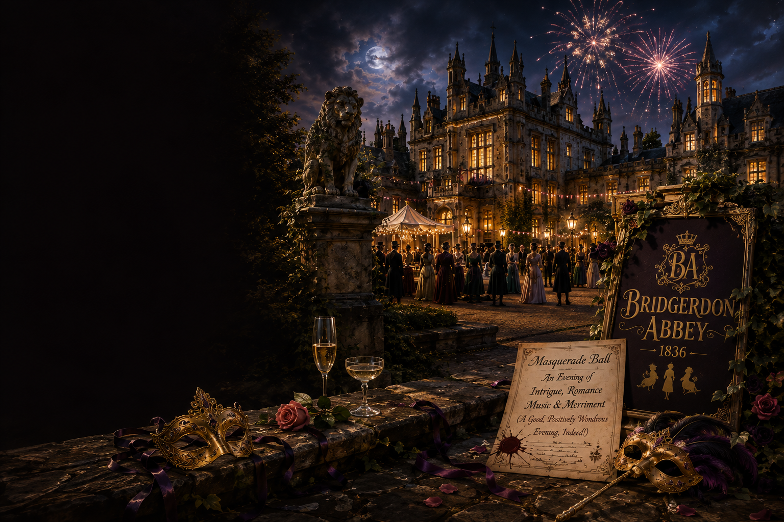 Bridgerdon Abbey illuminated at night for a masquerade ball, with distant guests, fireworks, masks and champagne on a stone terrace.