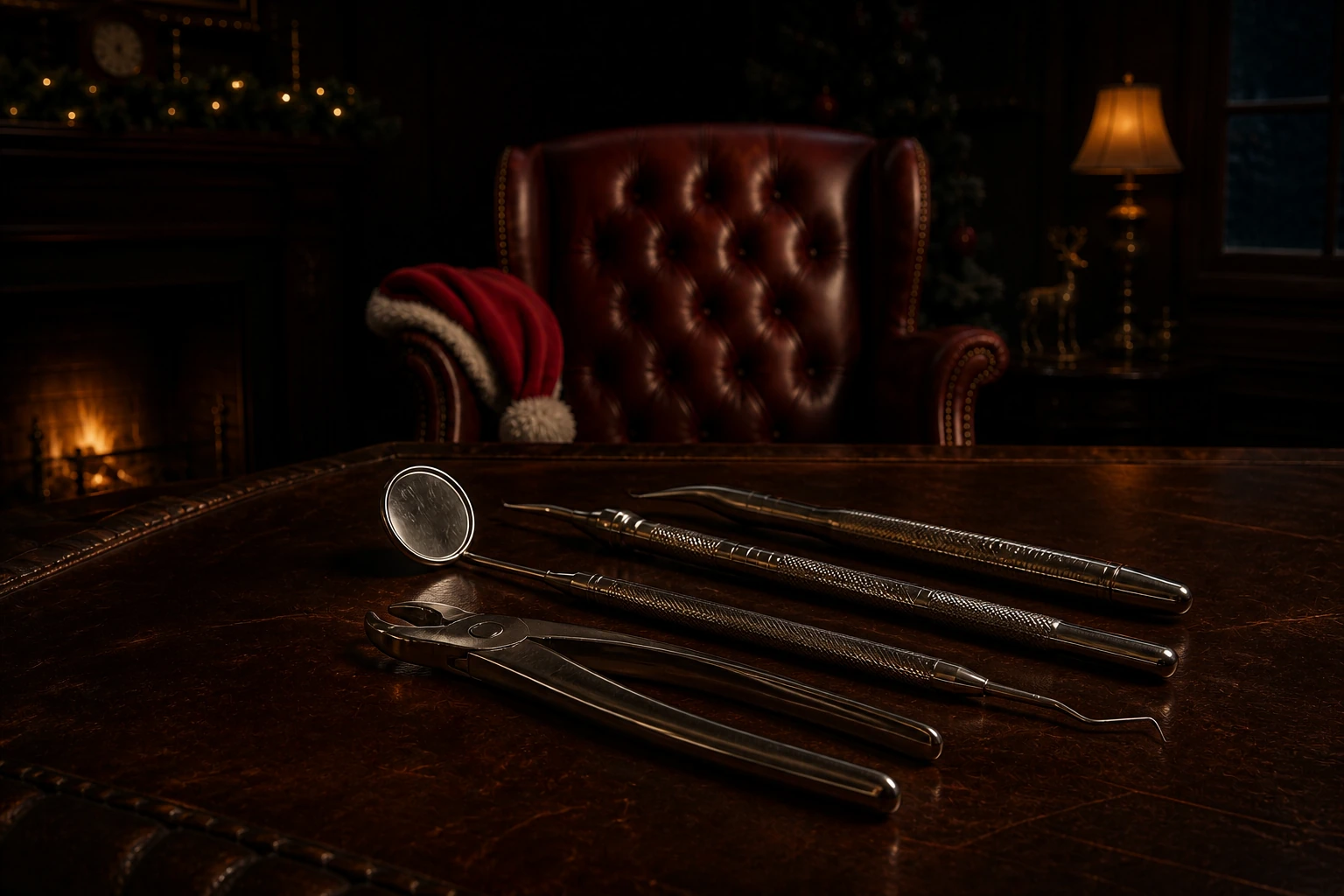 Vintage dental instruments arranged across the desk in Santa’s dimly lit study.