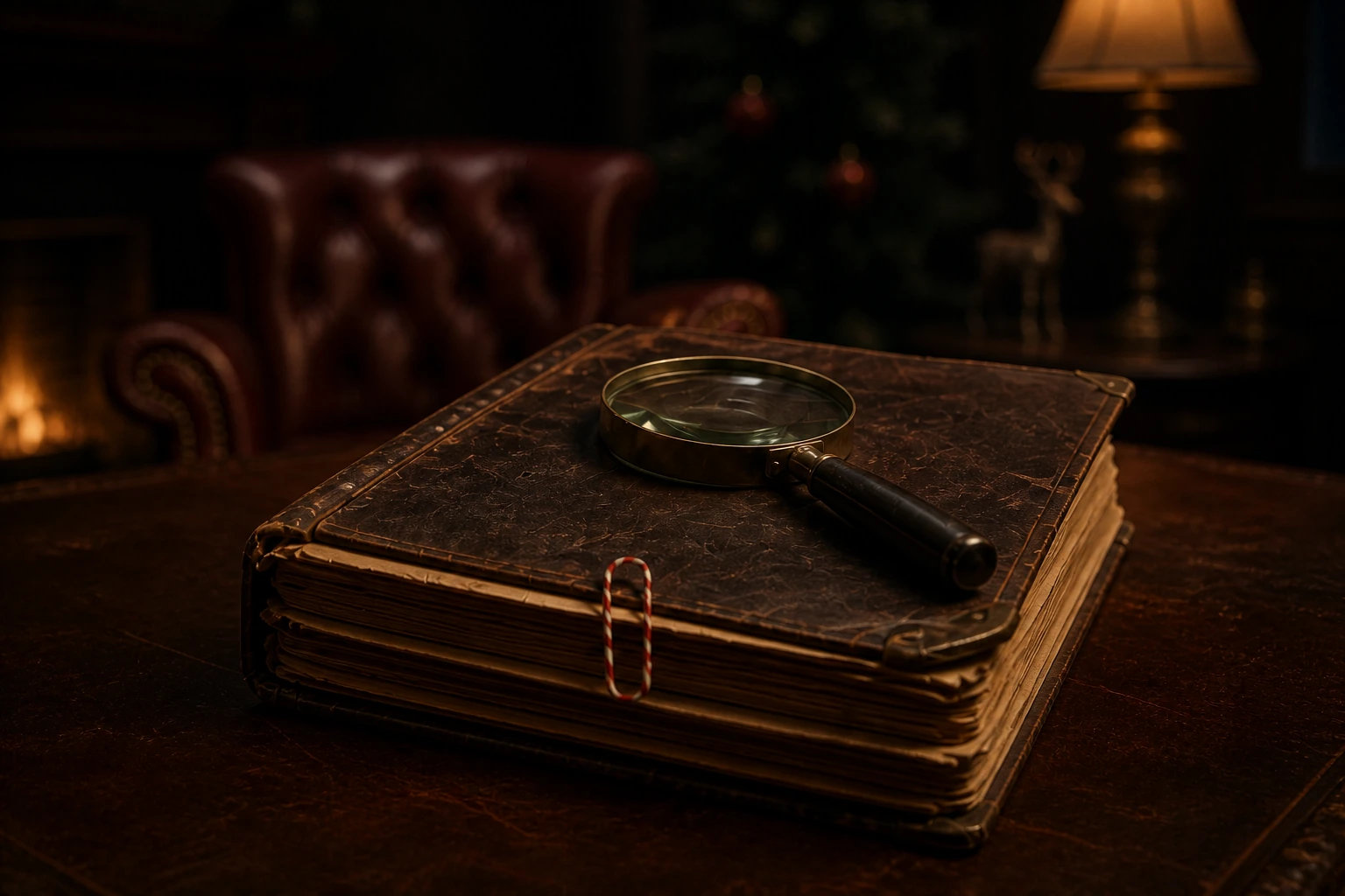 A battered leather notebook with a magnifying glass and candy-cane-striped paperclip.
