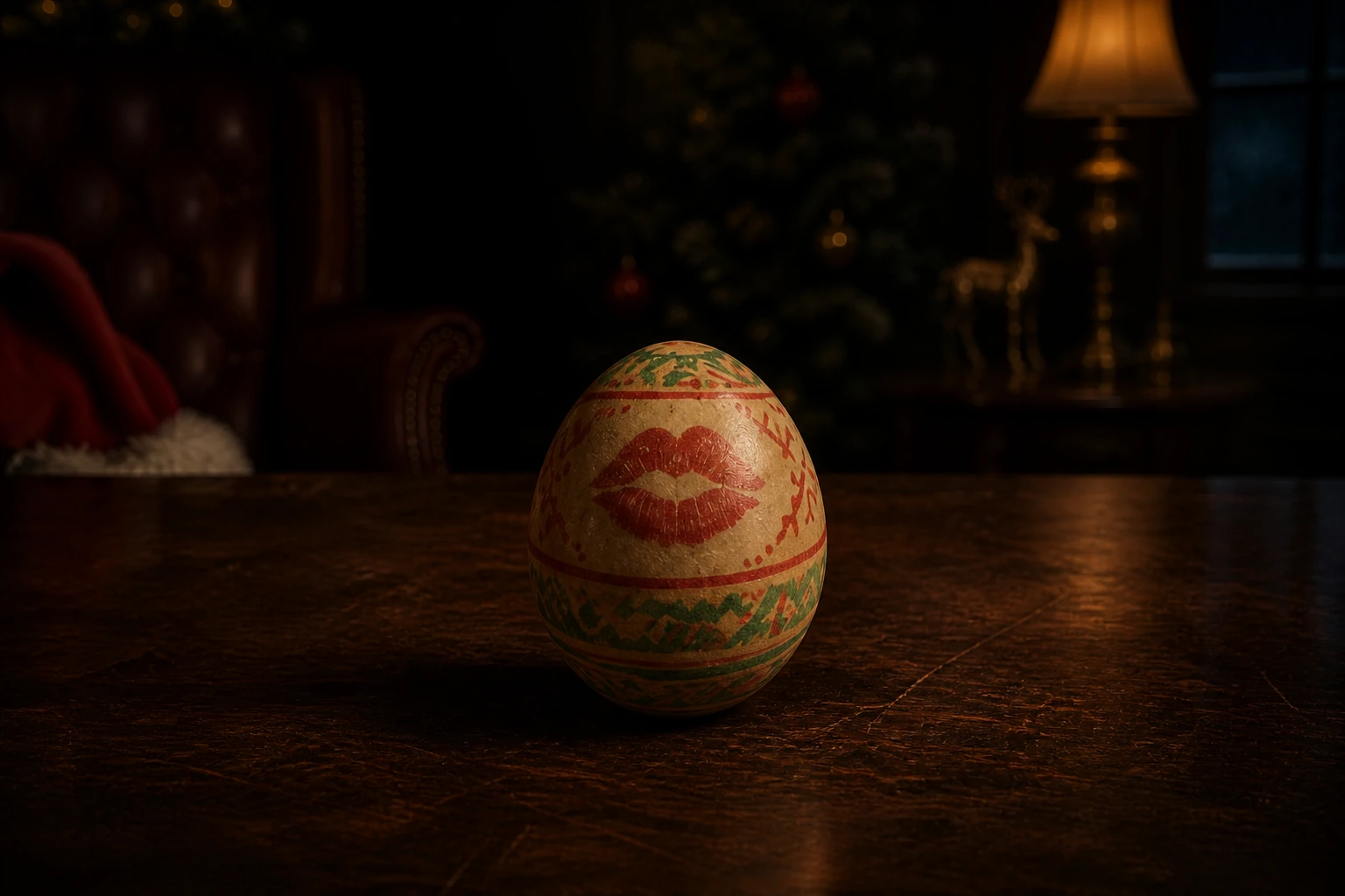 A painted Easter egg marked with a red lipstick kiss on a worn walnut desk.