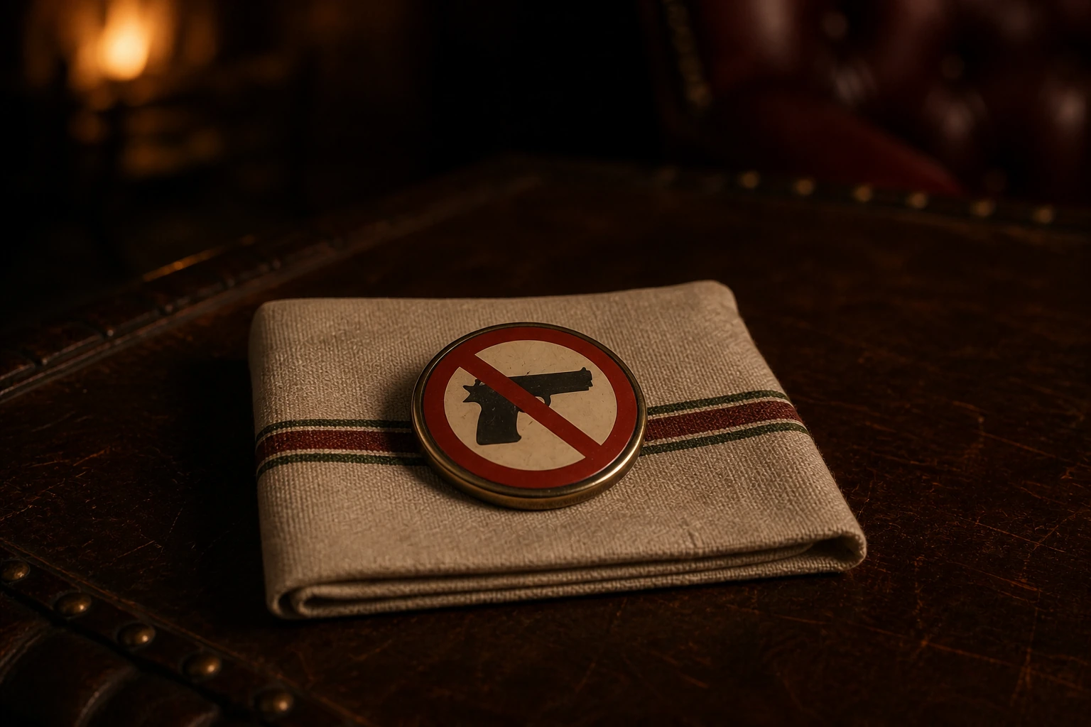 A vintage no-toy-guns campaign button resting on folded cream linen on Santa’s desk.
