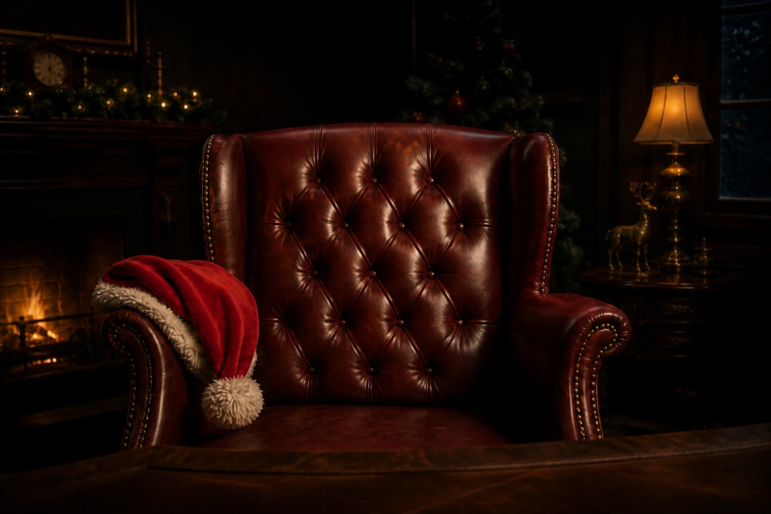 An empty oxblood leather chair in Santa’s study, with his red hat resting on one arm beside the fire.