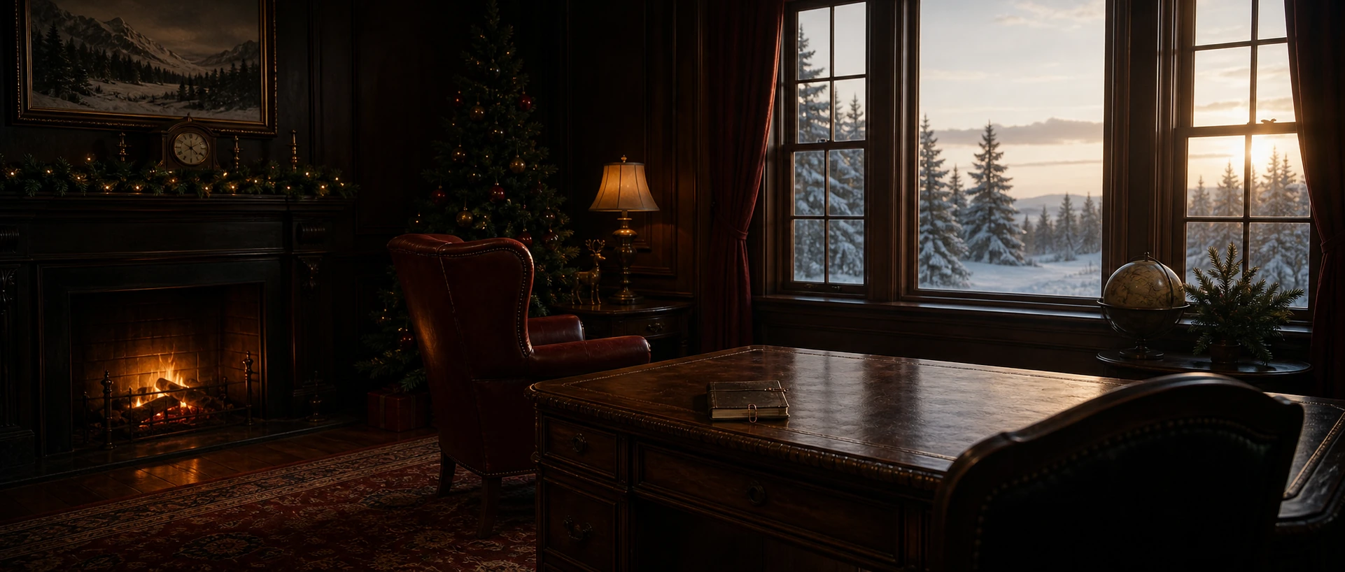 Santa’s North Pole study on Christmas morning after his departure, with the chair empty, the desk cleared, and Elfish Presley’s notebook left behind in the dawn light.