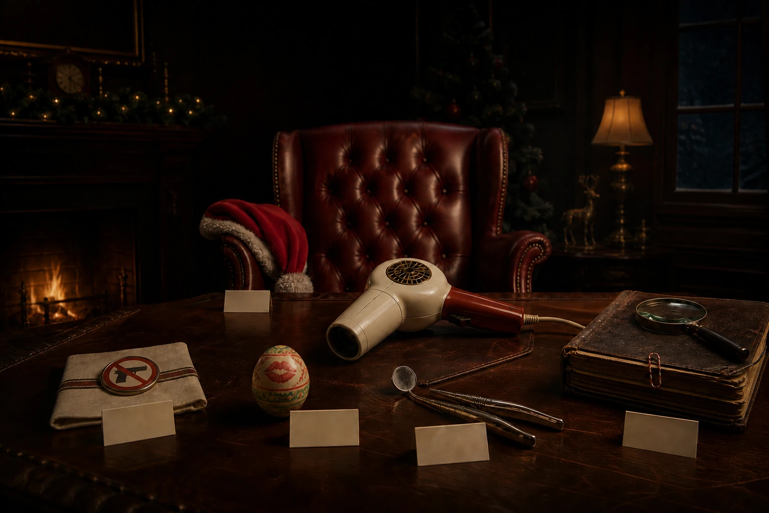 Santa’s dark North Pole study on Christmas Eve, with an empty red leather chair behind a walnut desk displaying a vintage hair dryer, campaign button, lipstick-marked Easter egg, dental instruments, and detective notebook.