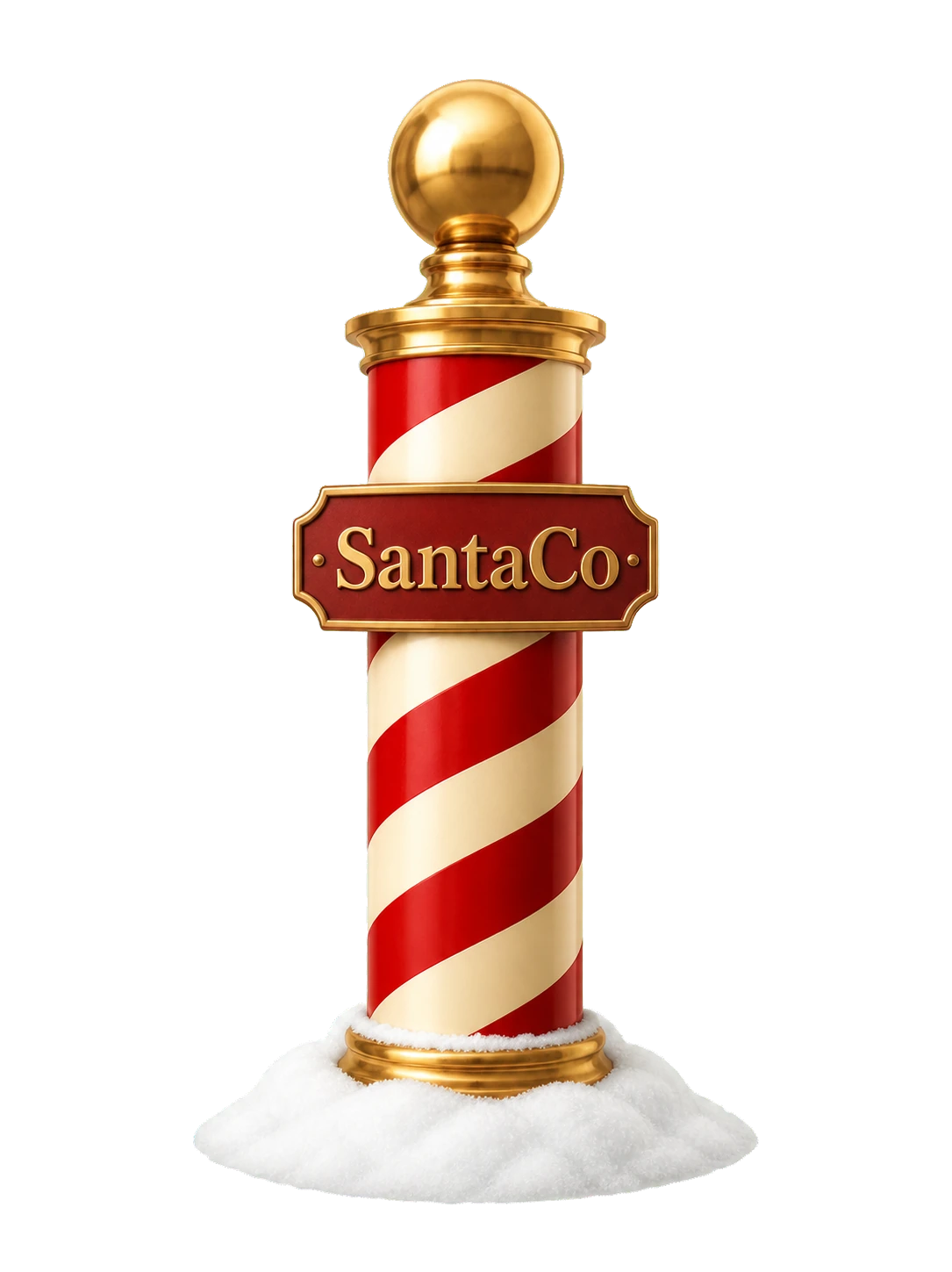 A compact red-and-ivory candy-striped North Pole embedded in snow, with a gold globe finial and a corporate SantaCo plaque.