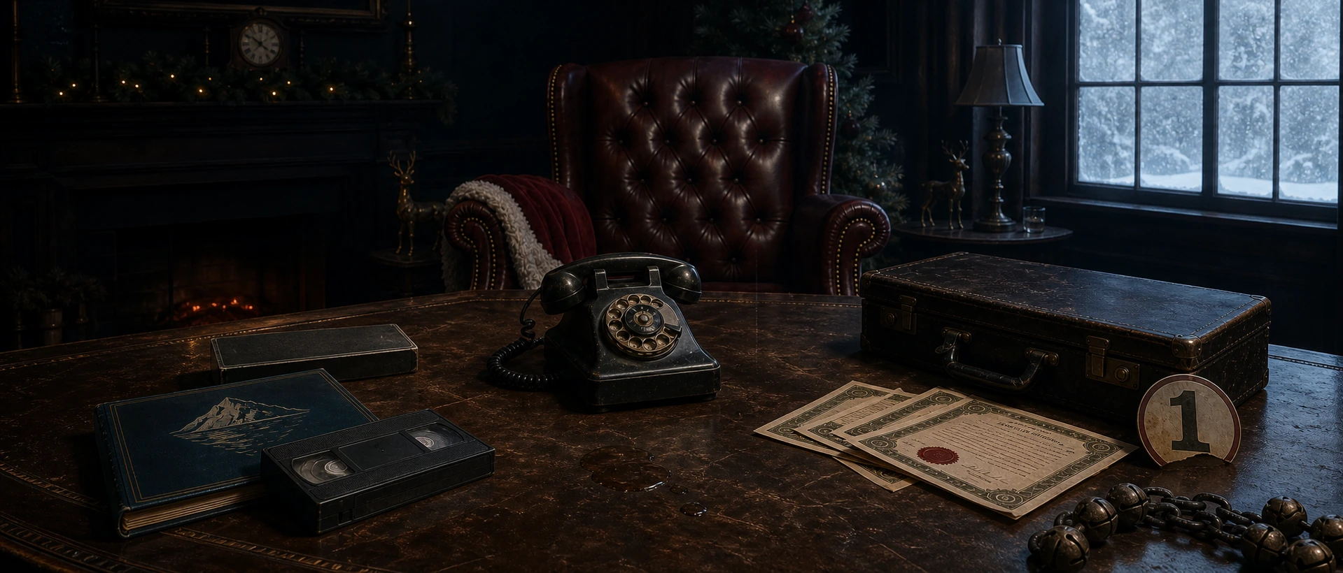 Santa’s empty North Pole office on Christmas morning, with the telephone returned to its cradle, a videotape ejected, stock certificates disturbed, a bent wrestling card, and sleigh bells abandoned in the cold dawn light.