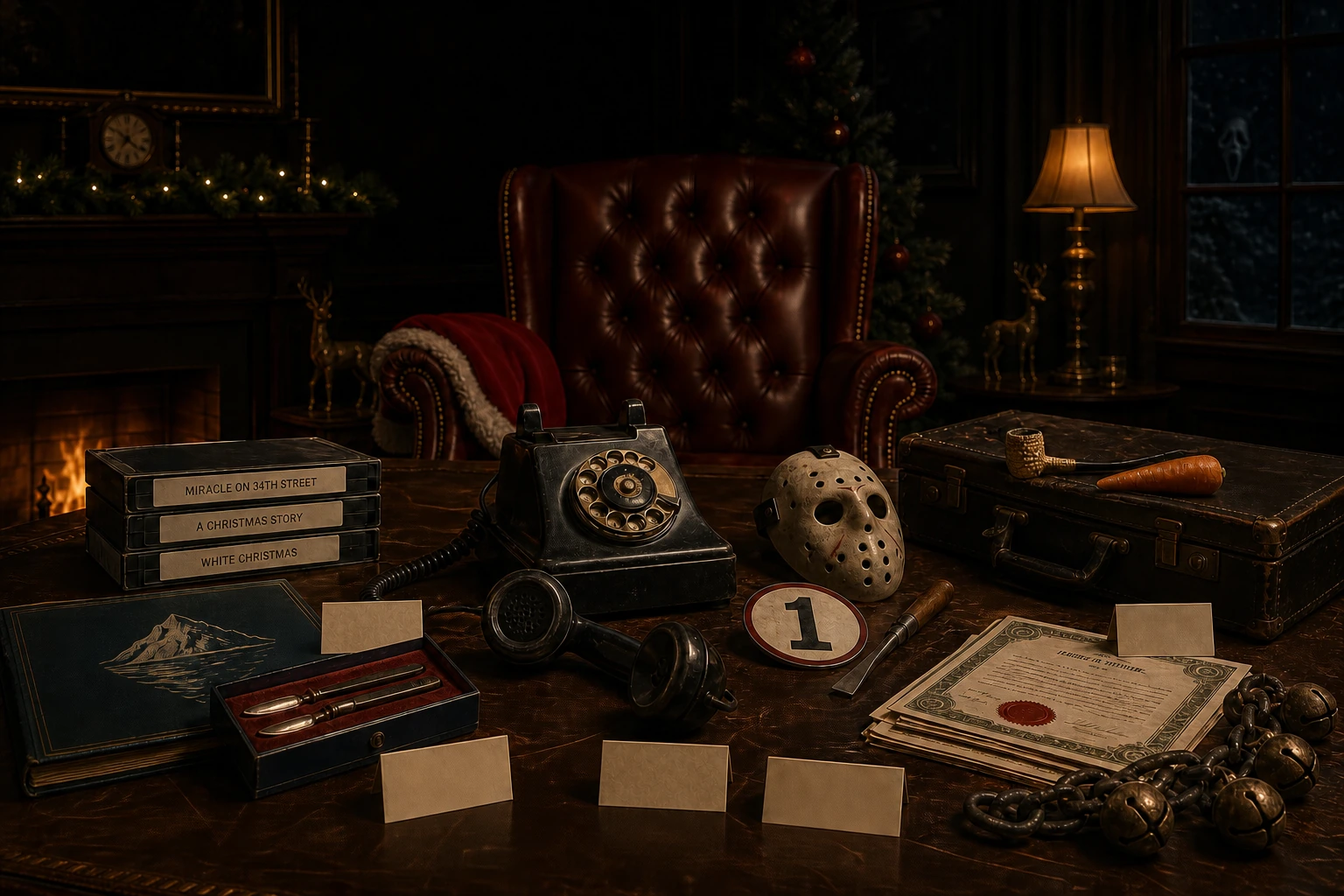 Santa’s dark North Pole office on Christmas Eve, with an empty red leather chair behind a desk displaying an off-hook rotary telephone, Christmas-movie videotapes, conservation materials, a hockey mask, legal briefcase, stock certificates, and sleigh bells.