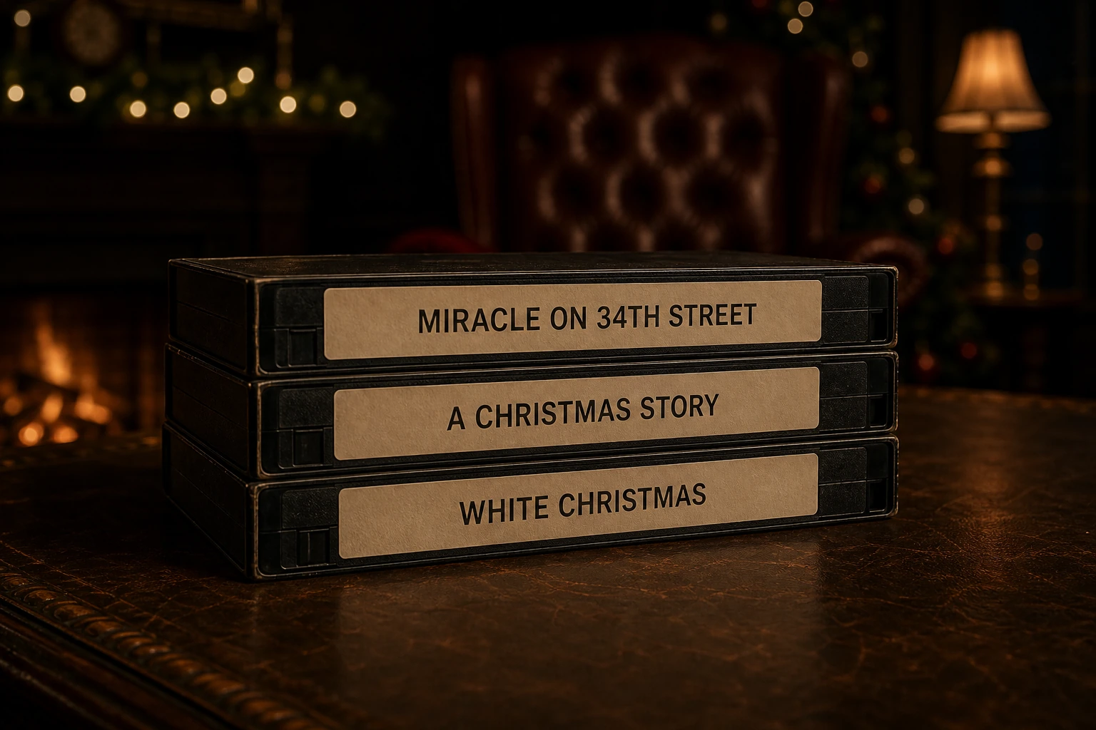 Three VHS rental cases labeled Miracle on 34th Street, A Christmas Story, and White Christmas.