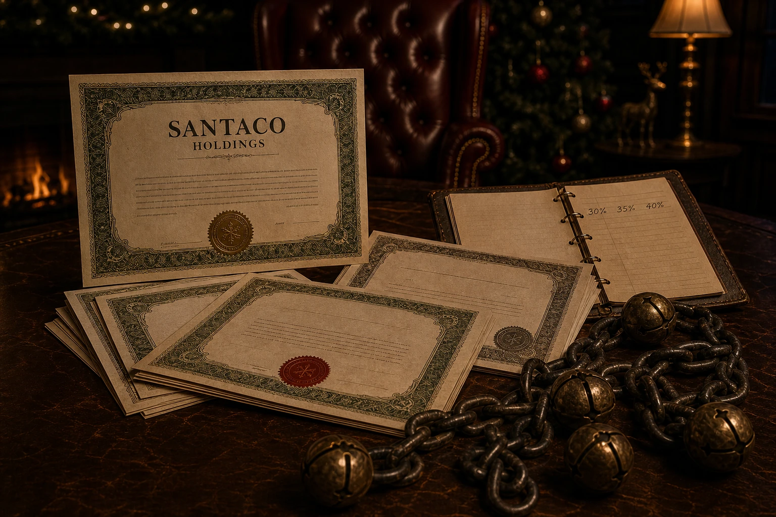 SantaCo share certificates, a percentage ledger, and a heavy chain threaded with tarnished sleigh bells.