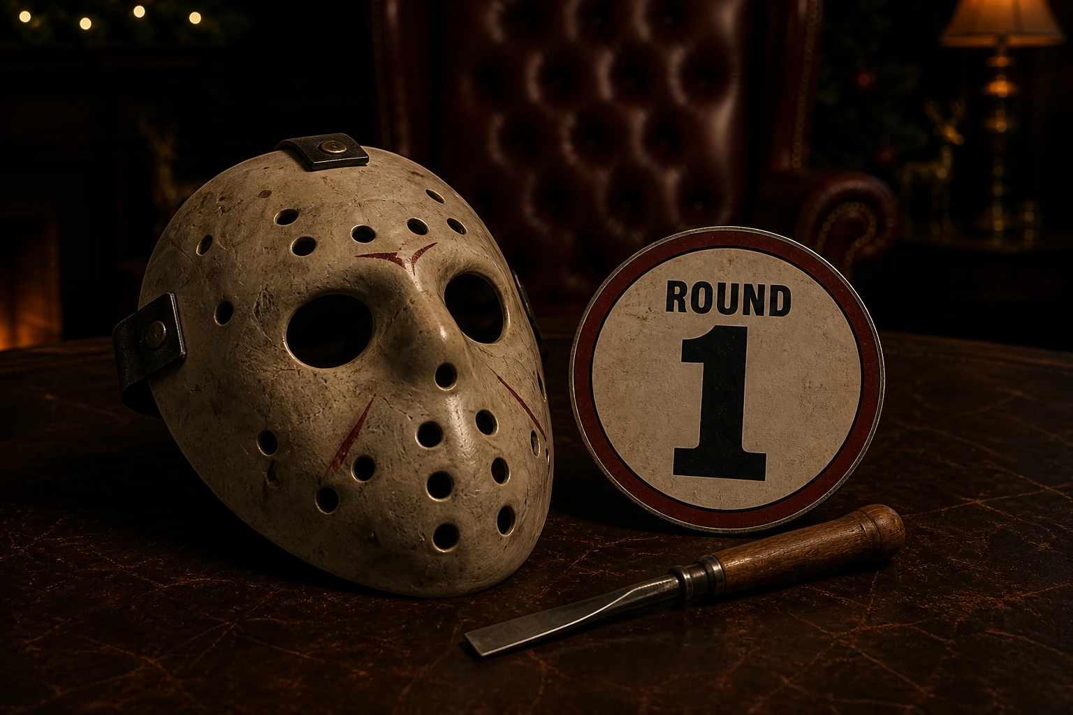 A worn hockey-style mask beside a Round 1 wrestling card and an ice-carving chisel.
