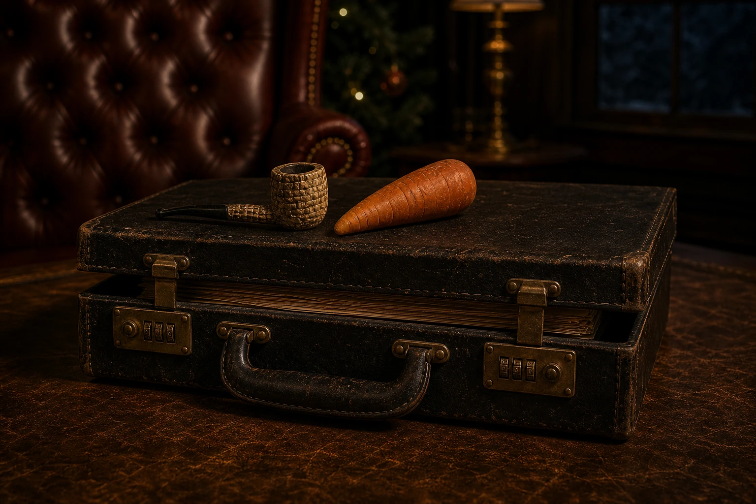 A battered lawyer’s briefcase topped by a corncob pipe and carrot nose.