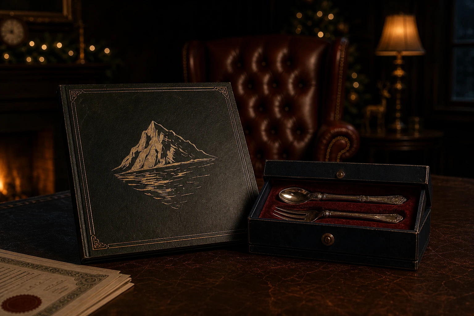 A dark green glacier-conservation portfolio beside a vintage cutlery presentation box.