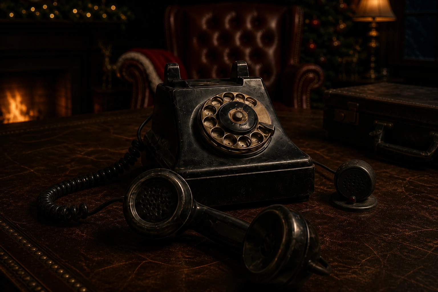 A worn black rotary telephone with its receiver lying off the hook on Santa’s desk.