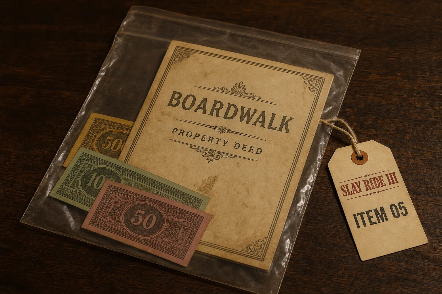 A Boardwalk-style property deed and colorful play money sealed in an evidence sleeve tagged Slay Ride III, Item 05.