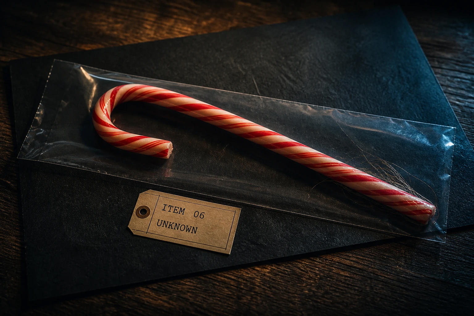 A peppermint candy cane with several pale fibers sealed as evidence and tagged Item 06, Unknown.