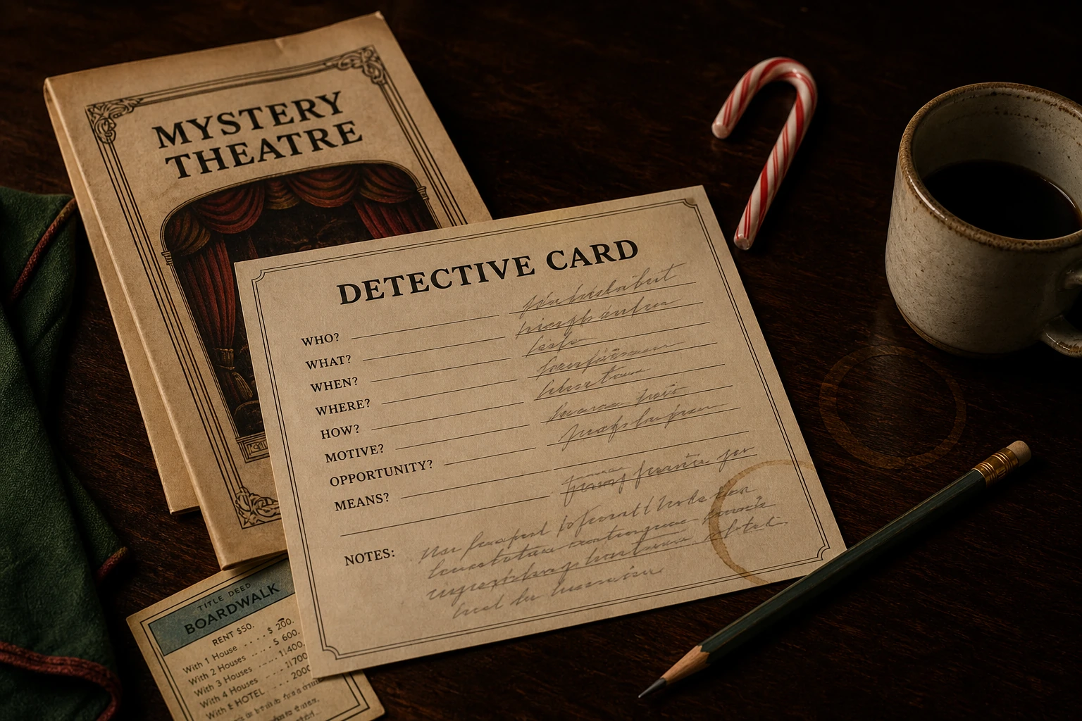 A handled Detective Card and Mystery Theatre program arranged with a pencil, coffee, candy cane, and the edge of a Boardwalk deed.