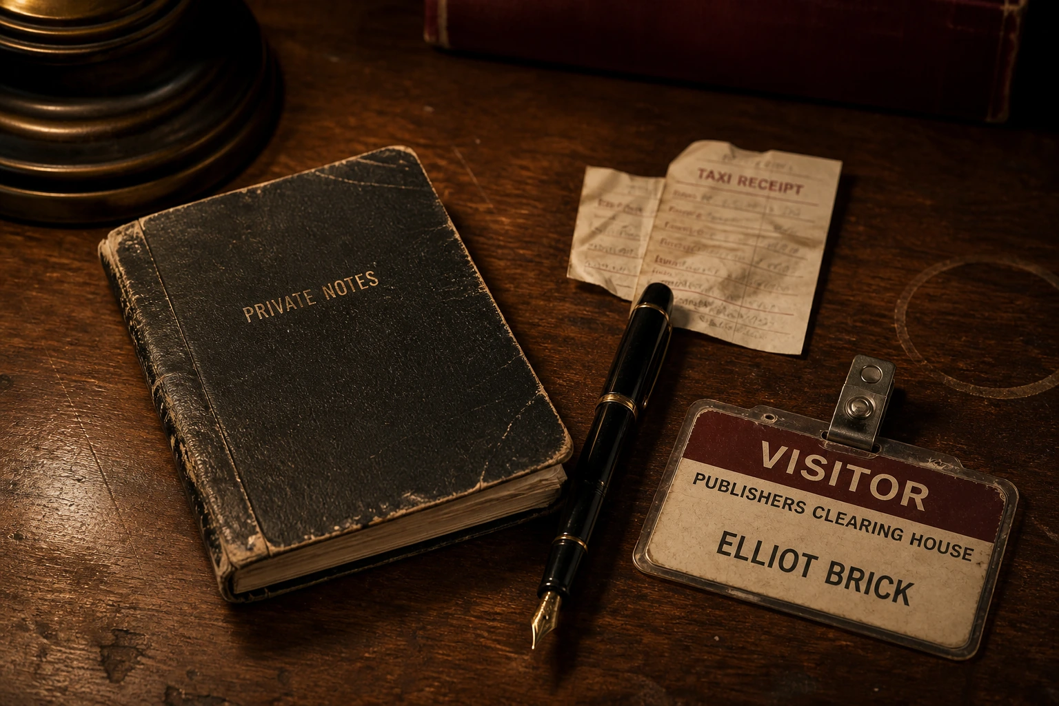 Elliot Brick’s battered notebook and fountain pen beside a cheap Publishers Clearing House visitor badge.