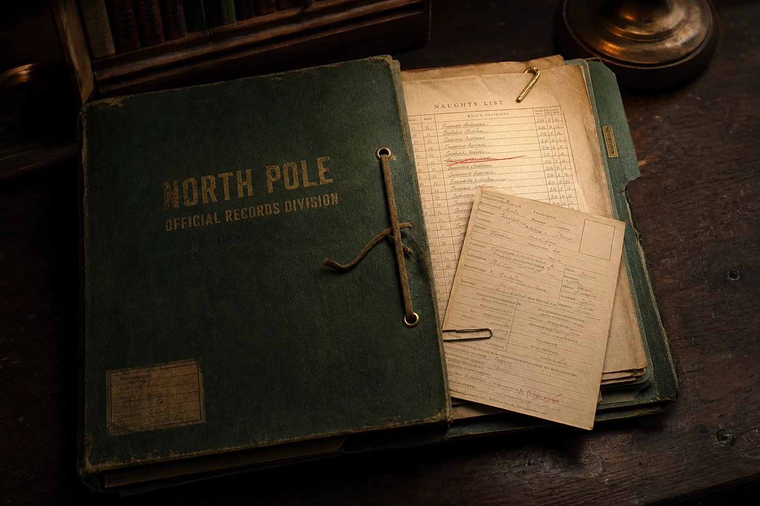 A worn green North Pole Official Records Division folder open to a Naughty List and personnel paperwork.