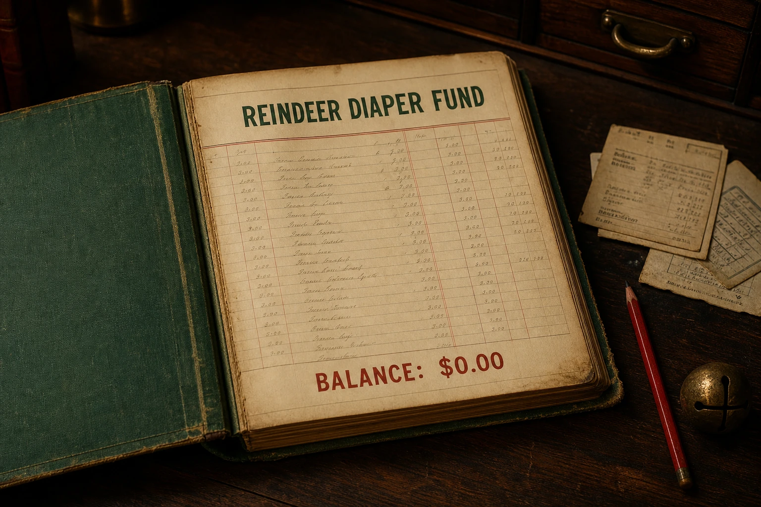 An old accounting ledger titled Reindeer Diaper Fund with a red zero-dollar balance.