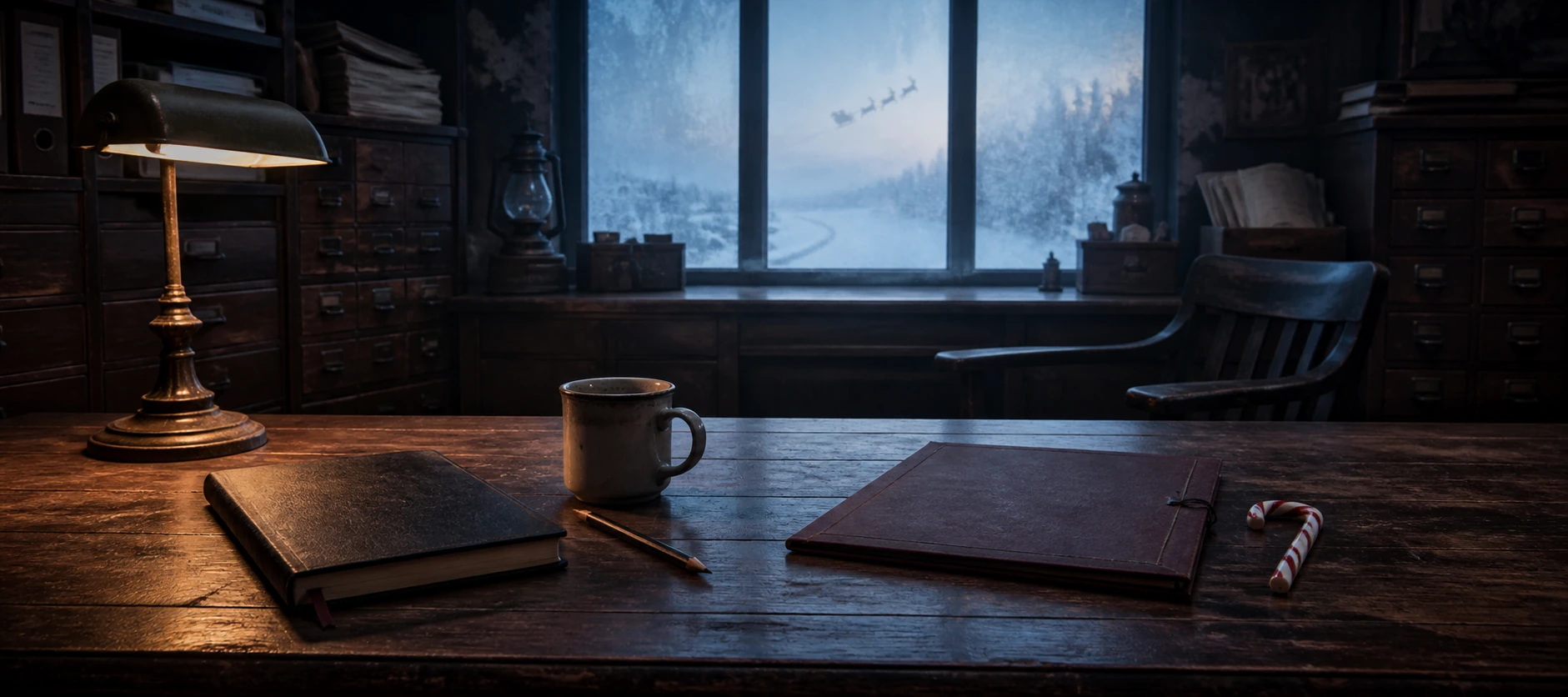 The North Pole records office on Christmas morning, empty after the case, with Brick’s closed notebook, coffee cup, pencil, records folder, and one candy cane left on the desk as Santa’s sleigh recedes through the snowy window.