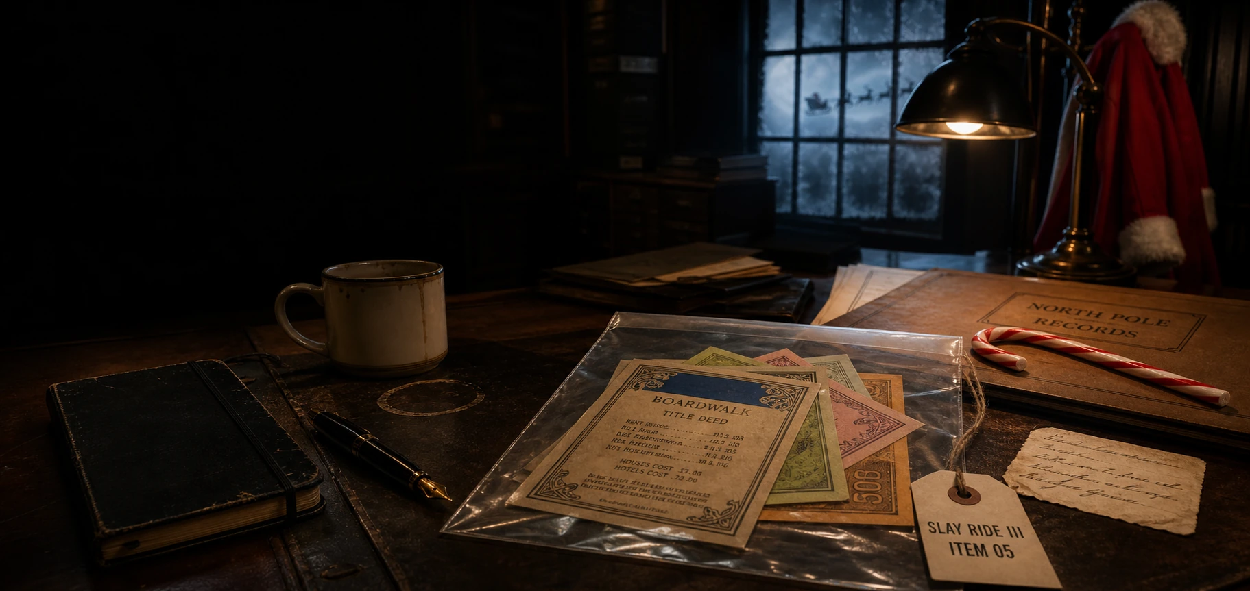 A noir detective table in a North Pole records office, with a Boardwalk deed and play money sealed as evidence beside Elliot Brick’s notebook, a candy cane, official files, coffee, and Santa’s coat beneath a snowy window.