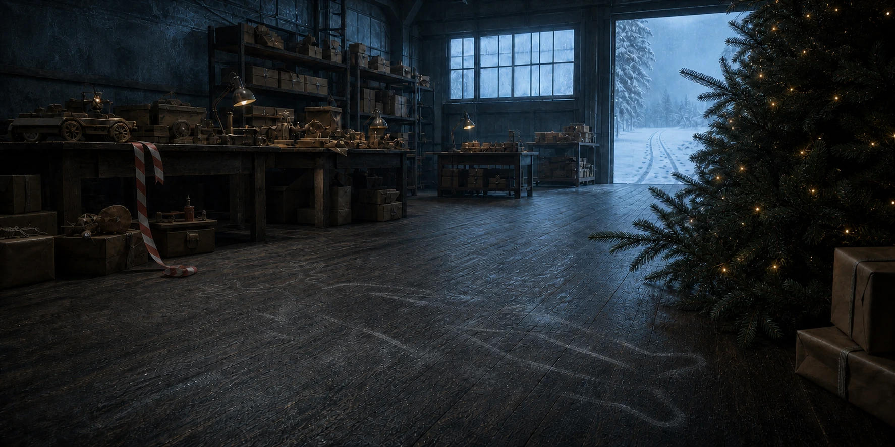 SantaCo’s empty toy shop on Christmas morning, with the human-performer chalk outline faded into the floor, the tree lights still glowing, loose red-and-cream tape at a workbench, and sleigh tracks receding through the open loading door.