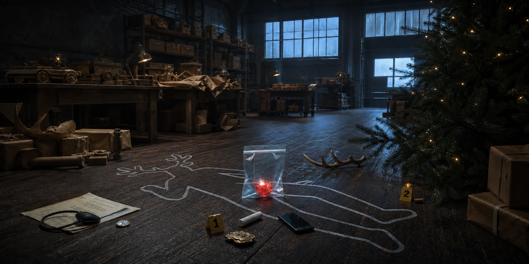 SantaCo’s dark toy shop after a shooting, with the chalk outline of a human performer in reindeer costume, a glowing red nose sealed in an evidence bag, antlers, paperwork, a phone, badges, and a cartridge beneath the Christmas tree.