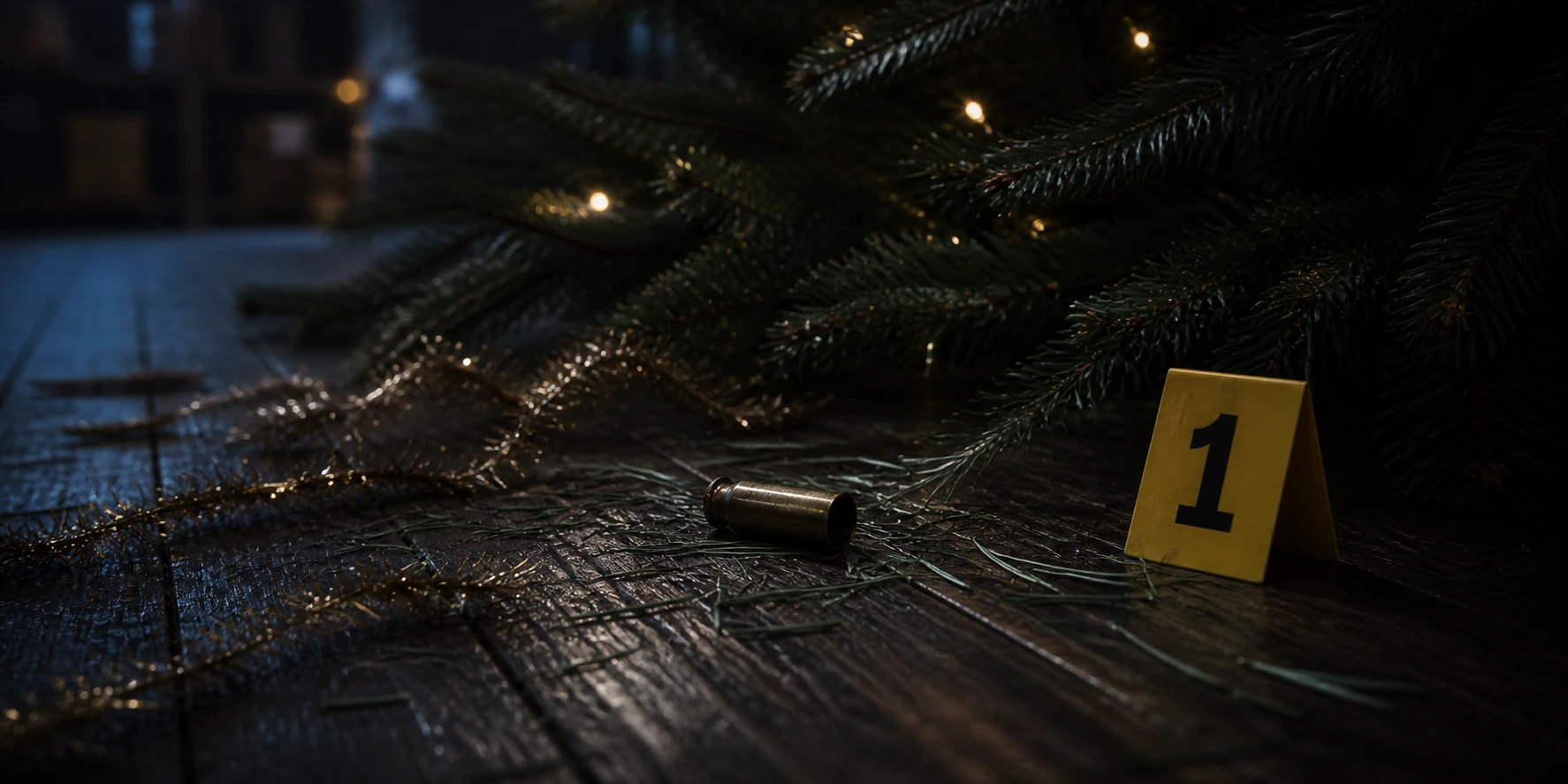 One spent brass cartridge casing among pine needles and fallen gold tinsel beneath a Christmas tree, beside yellow evidence marker 1.