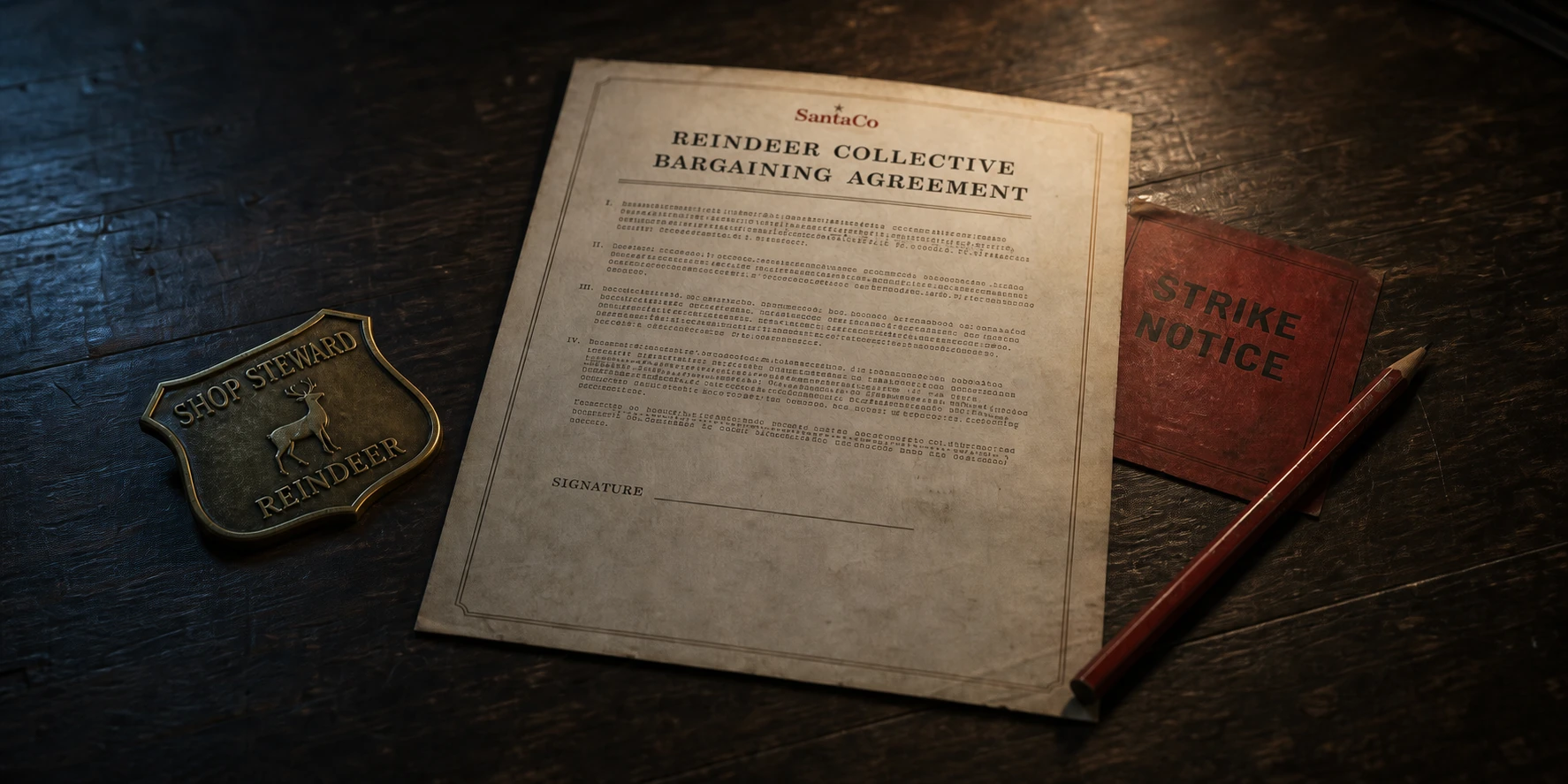 An unsigned SantaCo reindeer collective-bargaining agreement with a shop-steward badge, red pencil, and strike notice.