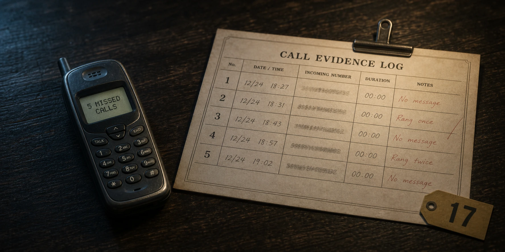 An early mobile phone displaying five missed calls beside a call evidence log with five numbered entries.