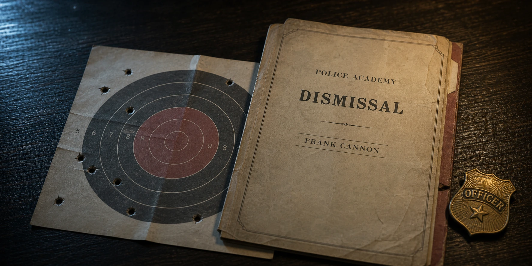 Frank Cannon’s police-academy dismissal file beside a target with every shot missing the bullseye and a cheap novelty officer badge.