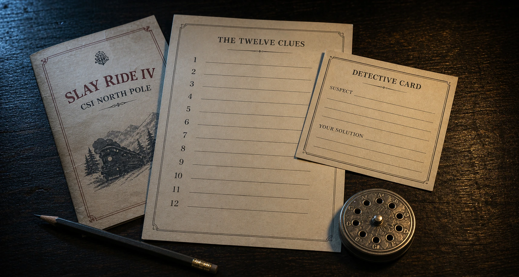 A Slay Ride IV program, a twelve-line clue sheet, a blank Detective Card, pencil, and round chromatic pitch pipe arranged as evidence.