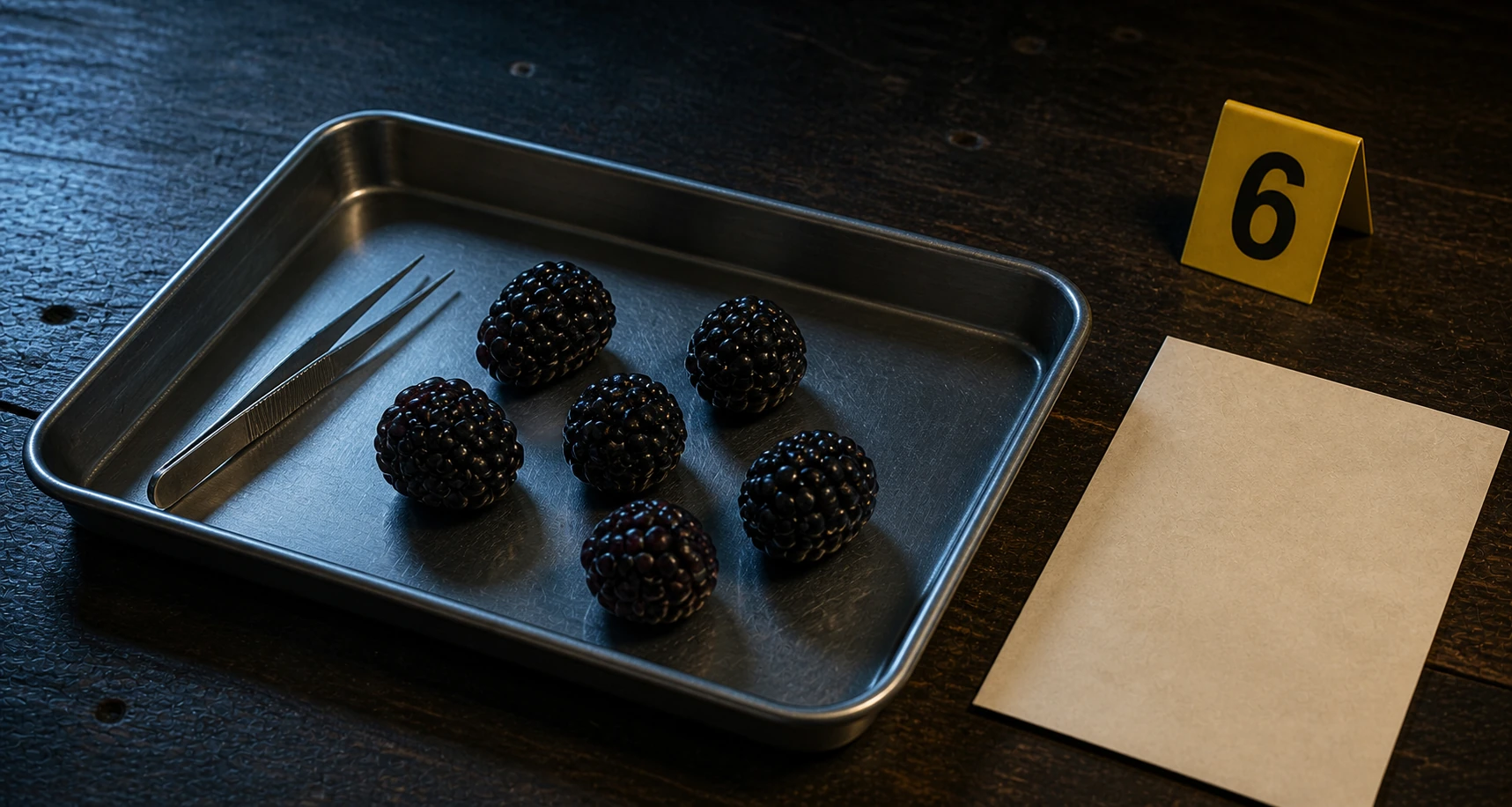 Six ordinary blackberries arranged with forensic tweezers in a brushed-steel evidence tray beside a blank specimen envelope and marker 6.