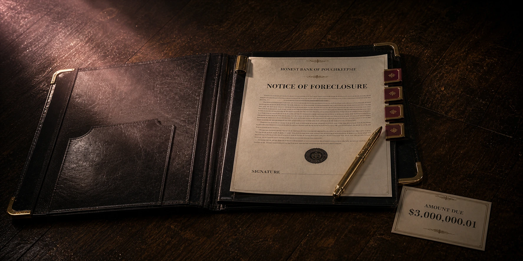 An expensive black executive folder containing the Honest Bank hostile-takeover contract, with a gold pen and signature tabs.