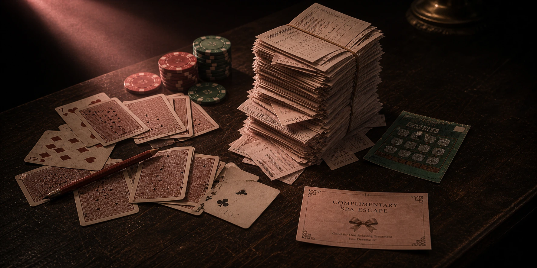 Marked playing cards, losing lottery tickets, a free scratch-off, and a complimentary spa coupon.