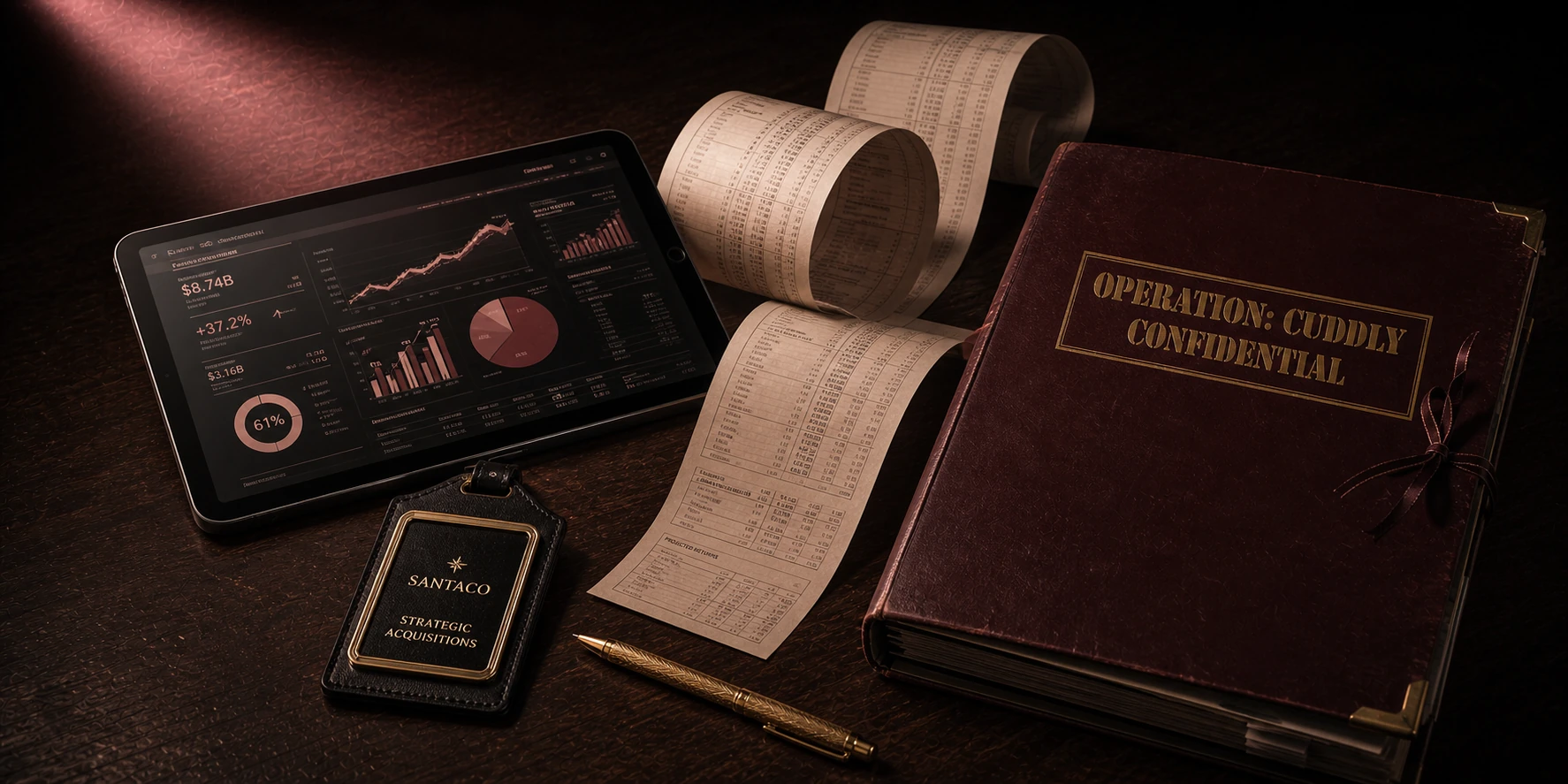 A tablet, long financial scroll, corporate badge, and confidential takeover file belonging to Elf on the Shelf.