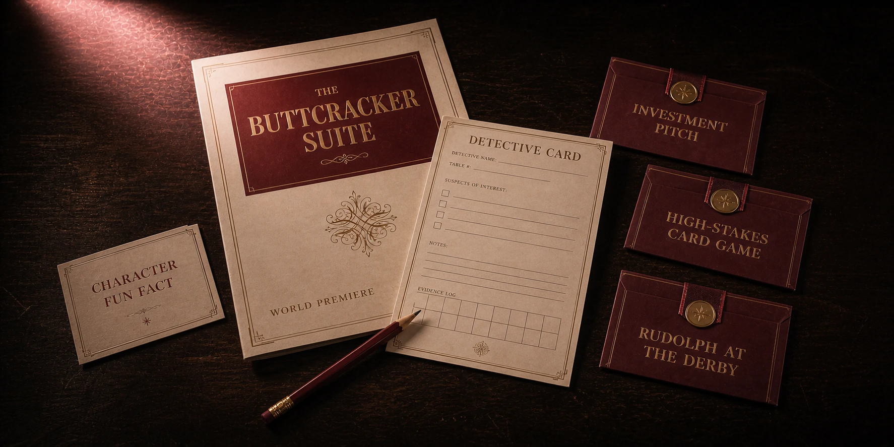 A program, Detective Card, role cards, pencil, and Character Fun Fact prepared for audience participants.