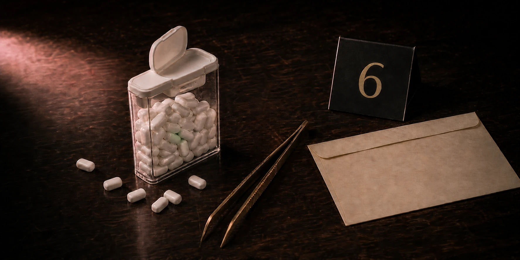 An ordinary clear mint dispenser with white mints, one green mint, tweezers, a blank evidence envelope, and marker six.