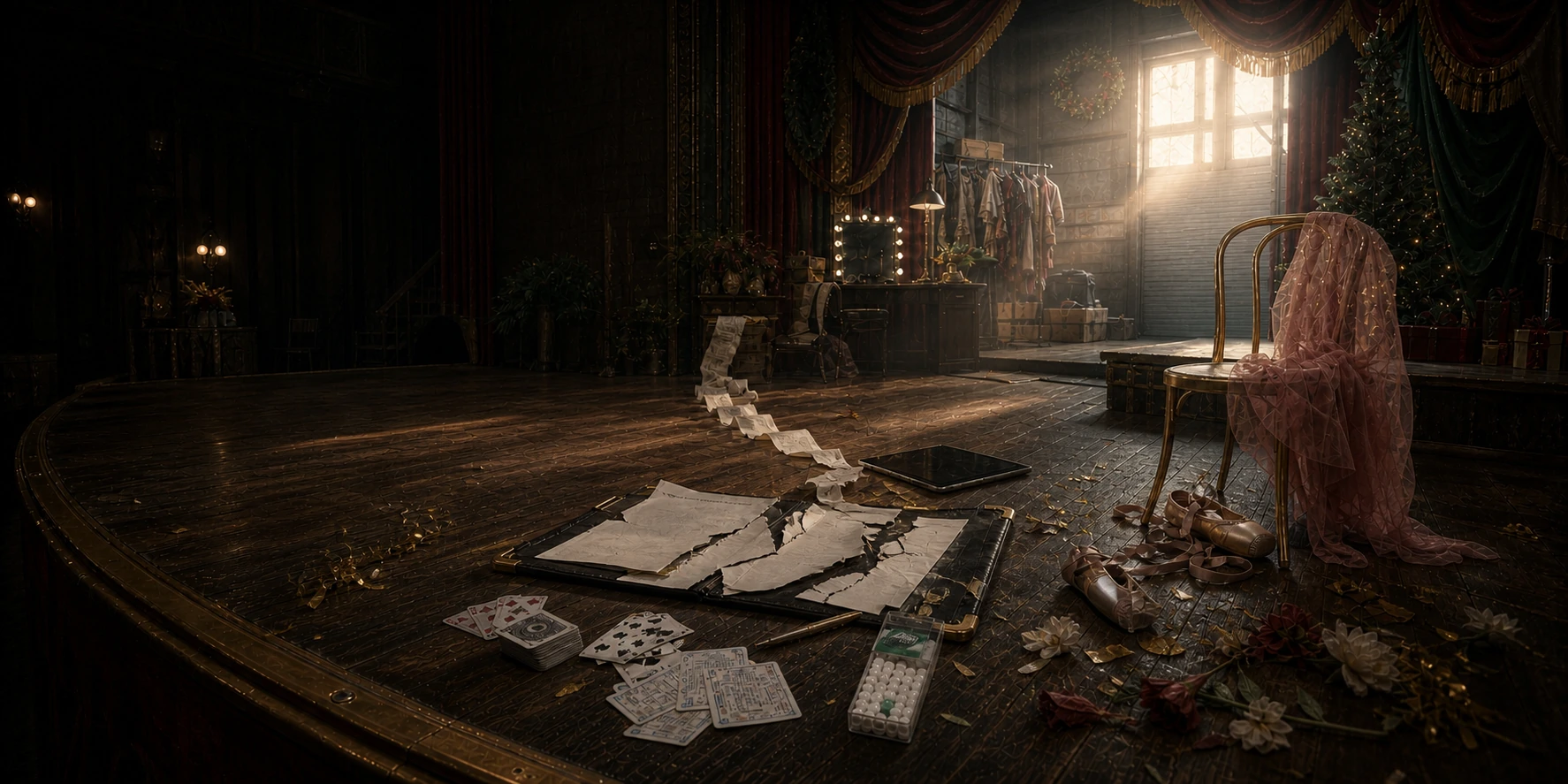 The same empty North Pole rehearsal stage at Christmas-morning dawn, with the hostile-takeover contract torn apart, the tablet dark, the tutu askew, flowers wilted, and evidence of the failed show scattered across the floor.