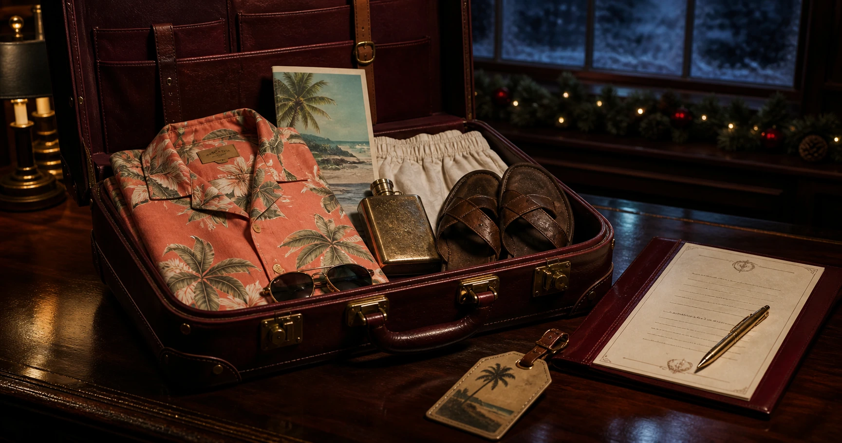 An open vintage travel case packed with a coral Hawaiian shirt, cream shorts, sandals, sunglasses, beach brochure, flask, and formal retirement notice.