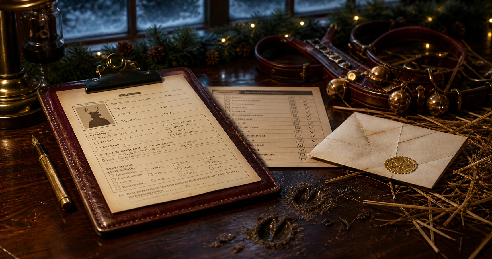 A formal reindeer application, scorecard, forged doctor’s note, sleigh harness, hay, and muddy hoofprints on a dark SantaCo desk.