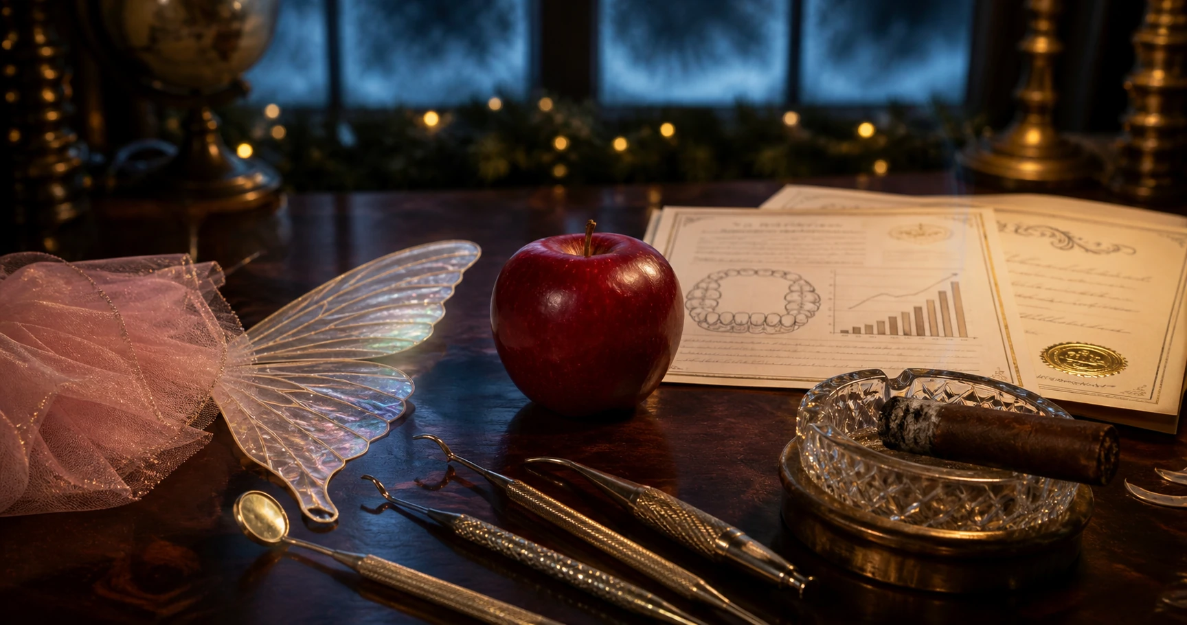 A red apple with blush tulle, a translucent fairy wing, dental instruments, investment papers, and a chewed cigar in a crystal ashtray.