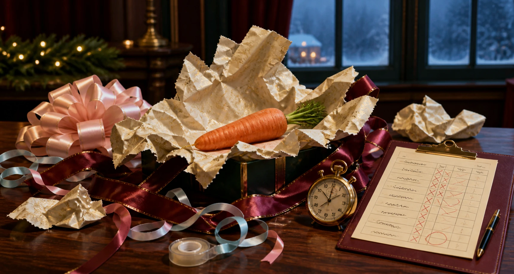 A carrot amid crushed wrapping paper, tangled ribbons, a large pink bow, stopwatch, and heavily marked disqualification scorecard.