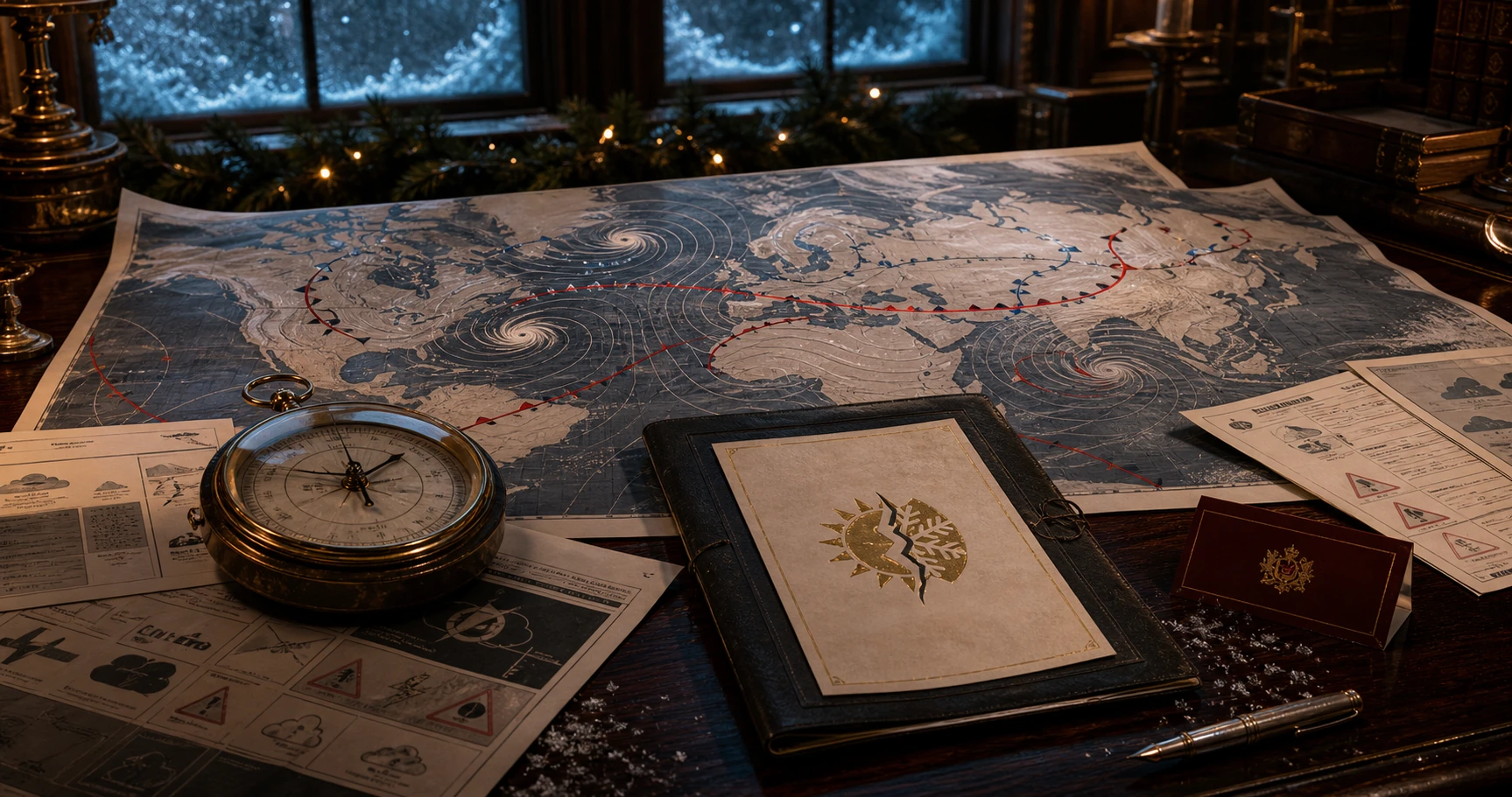 A global storm map, weather advisories, brass barometer, legal folio with a broken seasonal emblem, and candidate place card.
