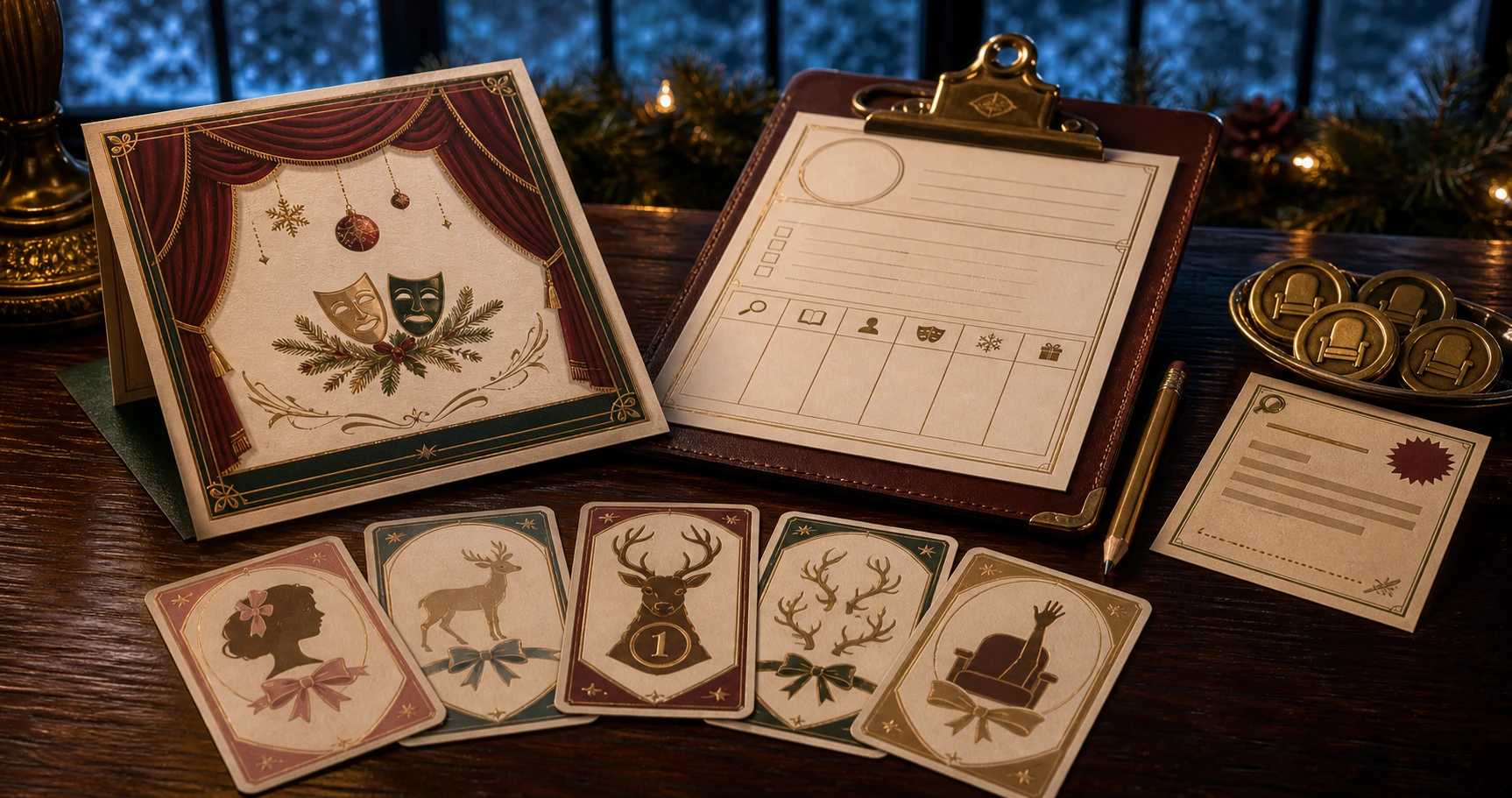 An elegant program, Detective Card, five illustrated role cards, a pencil, fun-fact card, and brass audience tokens.