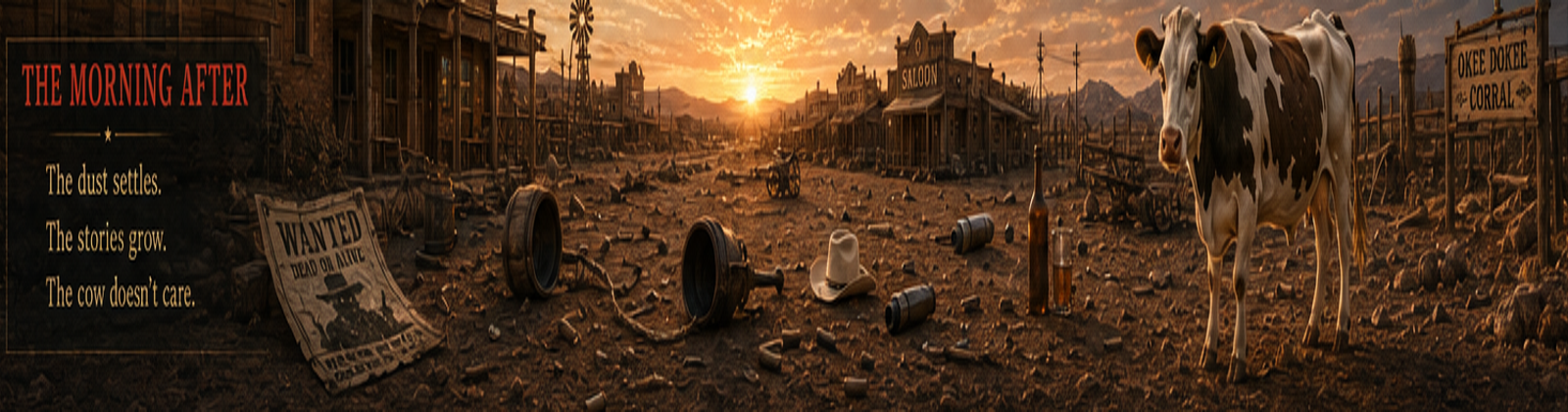 The morning after at the Okee Dokee Corral, with debris in the dusty street and one unconcerned cow.